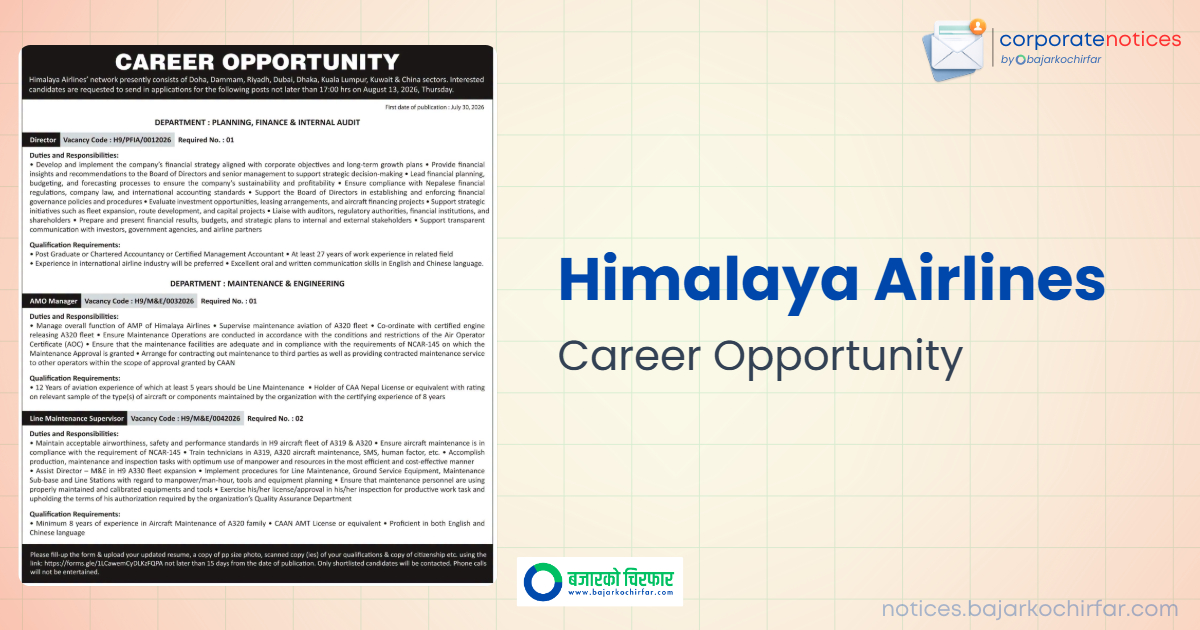 Himalaya Airlines Announces Job Vacancies for Director, Manager, and Supervisor Positions