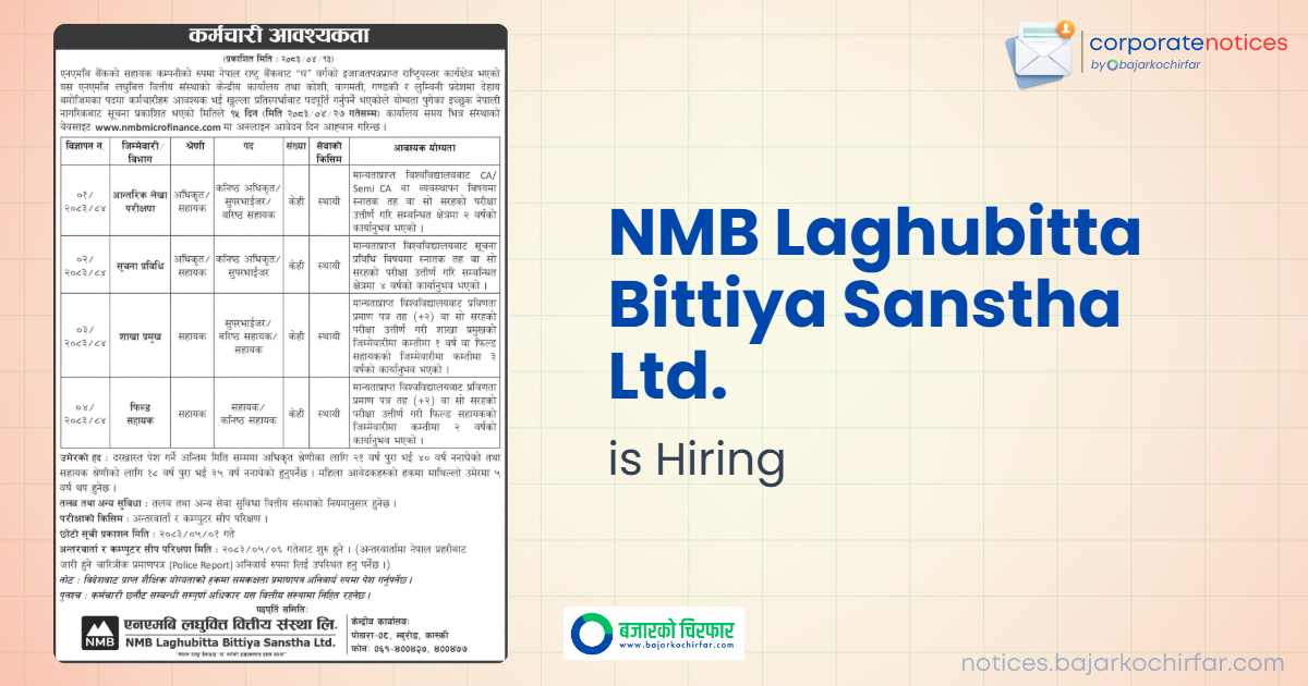 NMB Laghubitta Invites Applications for Various Job Positions with Opportunities for Plus Two Graduates