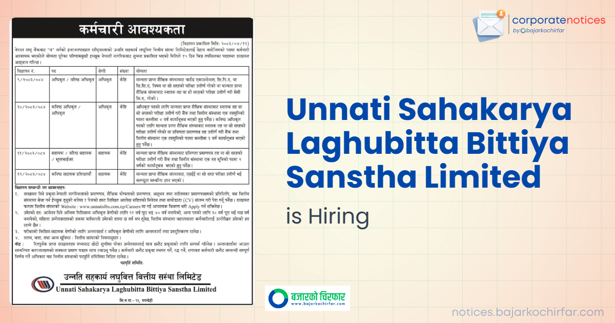 Unnati Sahakarya Laghubitta Opens Vacancy for Various Positions from Officer to Assistant Trainee