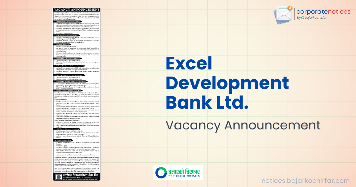 Excel Development Bank Invites Applications for Large Number of Vacant Positions