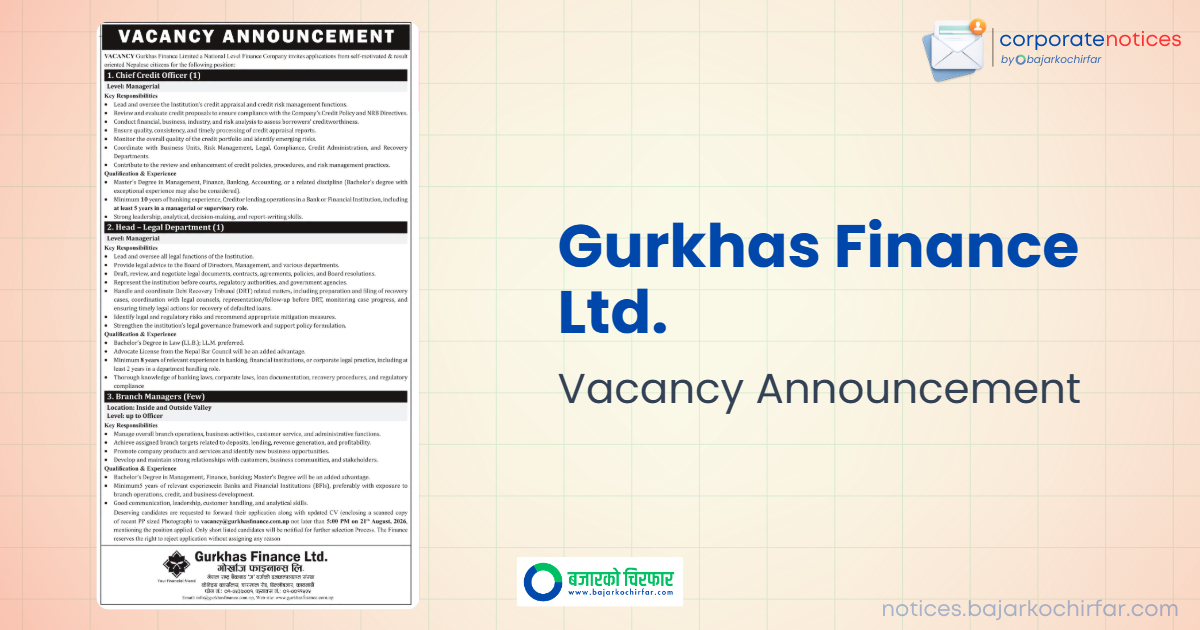 Gurkhas Finance Limited is Hiring for Managerial and Officer Level Positions