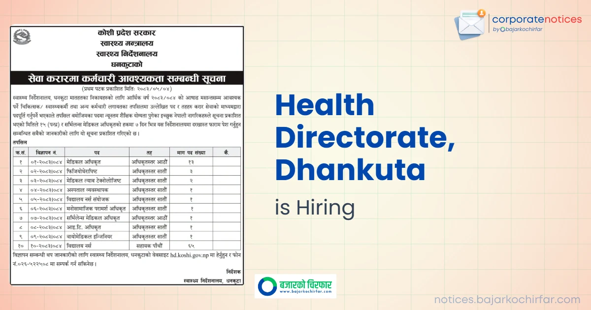 Health Directorate Dhankuta Announces Vacancies for 89 Positions Including Medical Officers and School Nurses