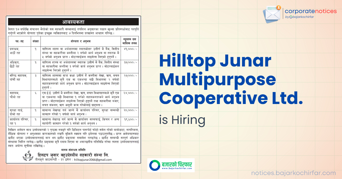 Hilltop Junar Multipurpose Cooperative Ltd. Announces Job Vacancies for 13 Staff Members