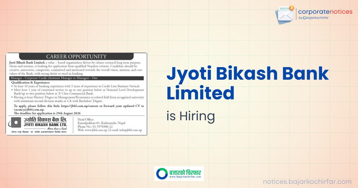 Jyoti Bikash Bank Invites Applications for Corporate Credit Manager Position