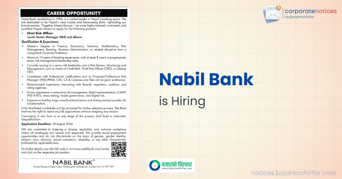 Nabil Bank Invites Applications for Chief Risk Officer Position
