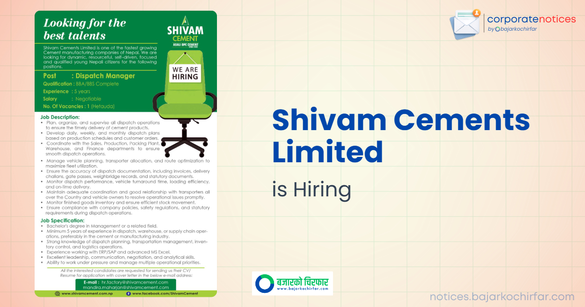 Shivam Cements Limited Invites Applications for Dispatch Manager Position