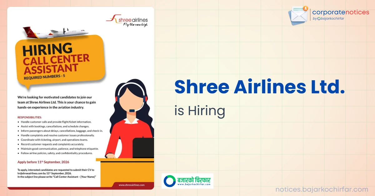 Shree Airlines Announces Job Vacancies for Call Center Assistants