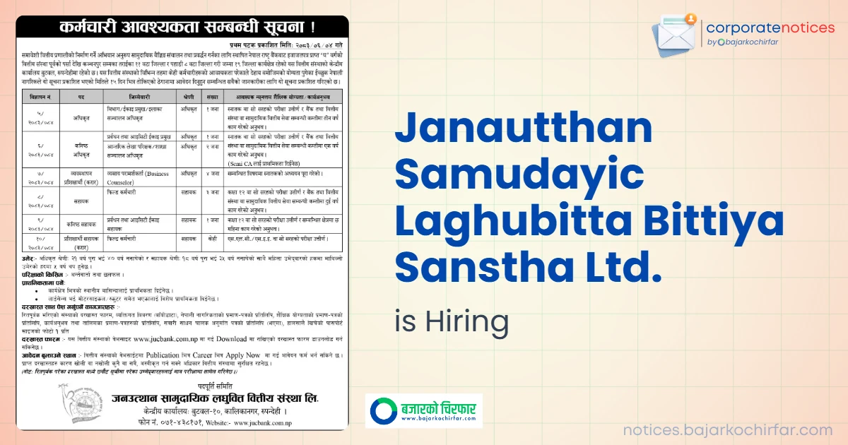 Janautthan Samudayic Laghubitta Invites Applications for Officer and Assistant Level Positions