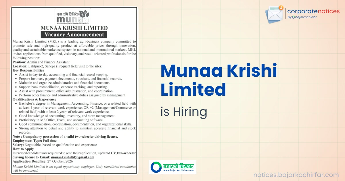 Munaa Krishi Limited Announces Vacancy for Admin and Finance Assistant