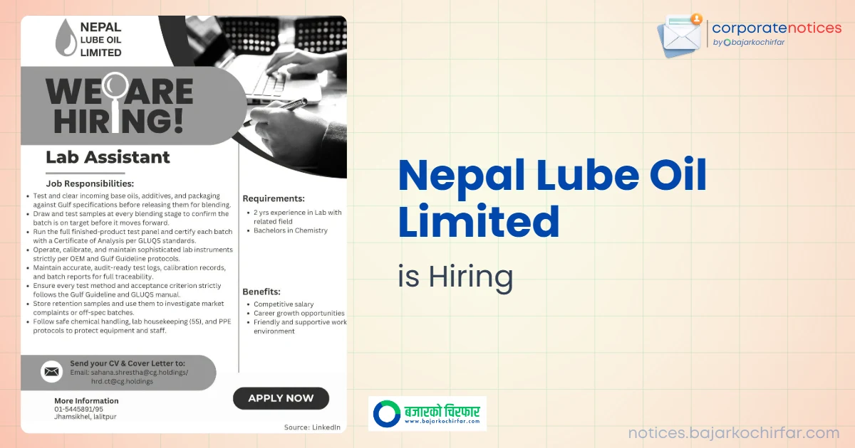 Nepal Lube Oil Limited Announces Job Opening for Lab Assistant